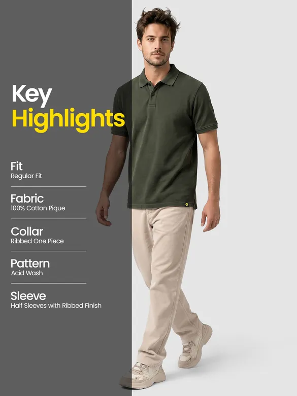 Deep Olive Acid Wash Polo T-shirt